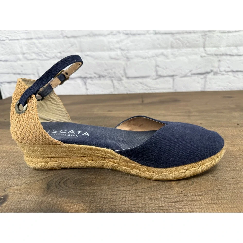 VISCATA Navy Canvas Espadrille Wedge Sandals with Ankle Strap - Picture 7 of 9